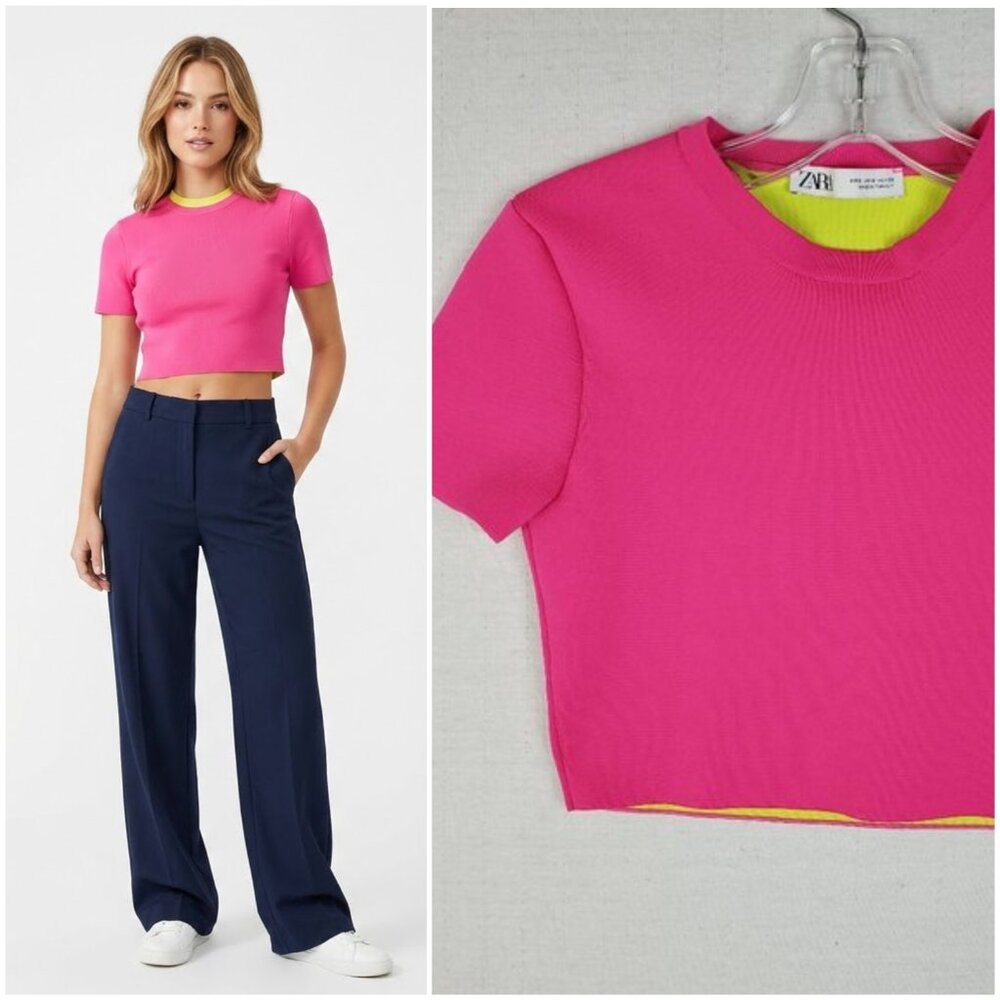 ZARA Scuba Crop Top Baby Tee size S Reversible Neon Pink/Yellow